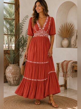 Baltic Born Santa Fe Embroidered Maxi Dress Rust Cottagecore Size Medium NWT